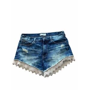 Free People Lace Crochet Trim Denim Shorts Size 27 Boho Hippie Summer Distressed